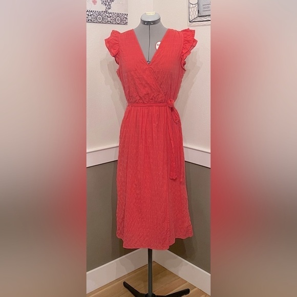 A New Day Faux Wrap Dress Sz Small Coral Ruffle Sleeve PINK Midi Textured Lined - Picture 5 of 12